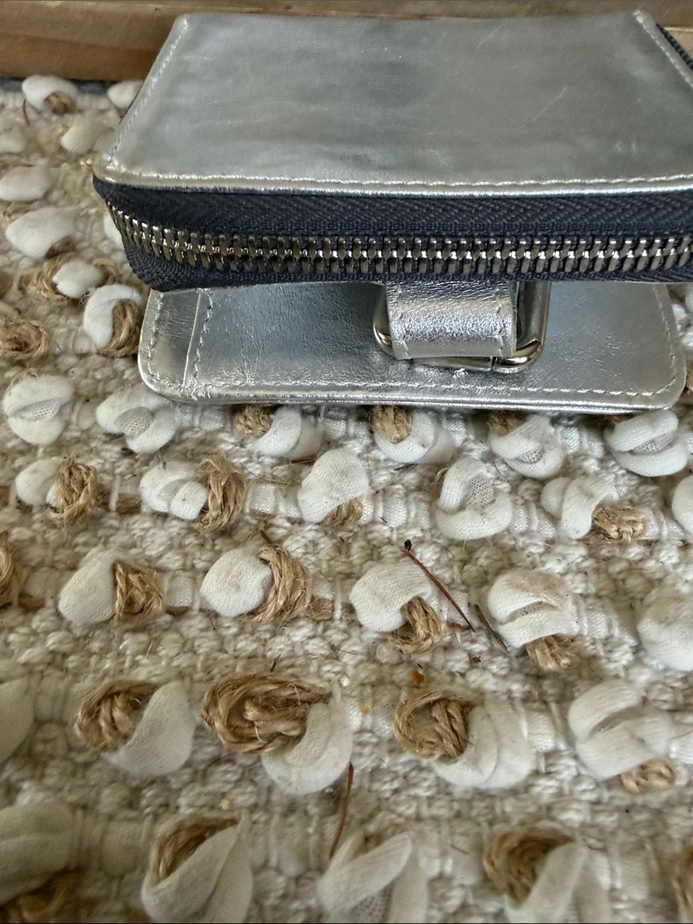 Coffee with milk  Metallic Silver Leather Zip Wallet with Buckle